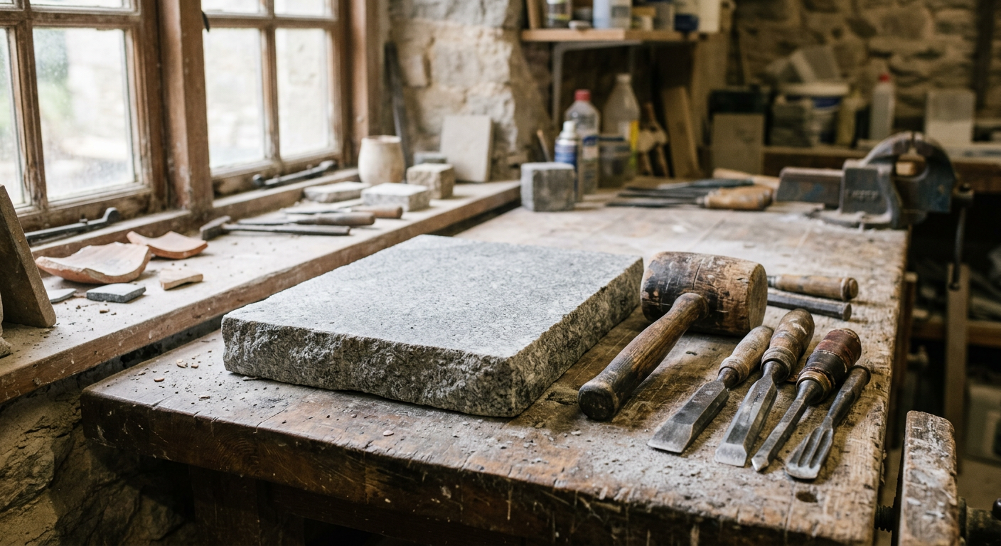 Stonemason's chisels and mallet beside a blank granite slab on a workshop bench
